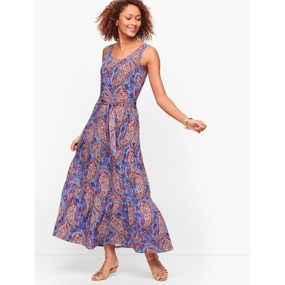 Talbots Paisley Tiered Midi Dress Size Lp stretch knit jersey blue sleeveless - Picture 1 of 9
